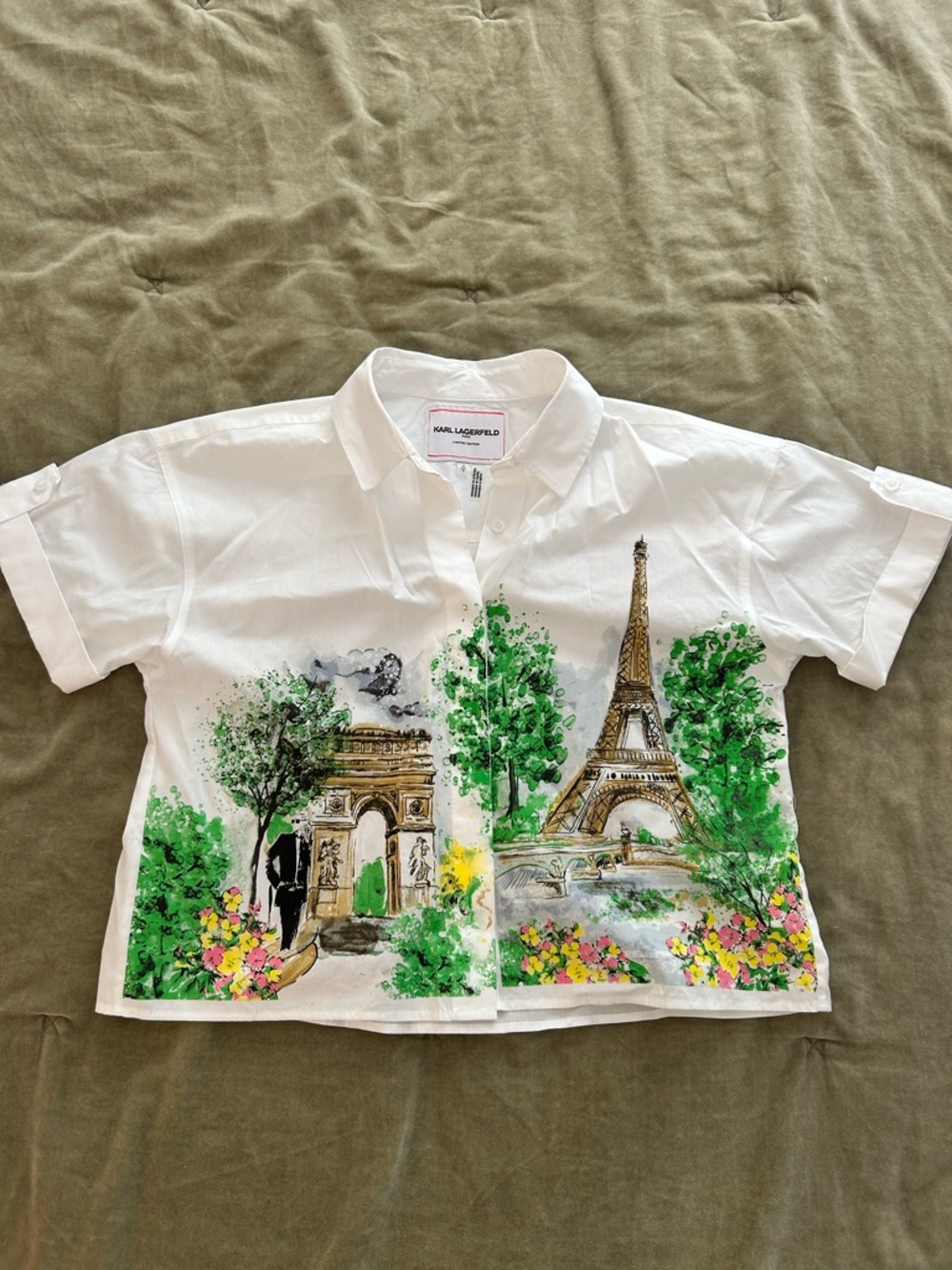 Karl Lagerfeld White Short-Sleeve blouse with Paris Landmark Print